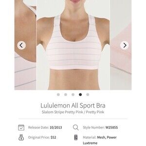 Lululemon Womens All Sport Bra SZ 4 6? Pink Stripe Medium Support Yoga Run EUC!